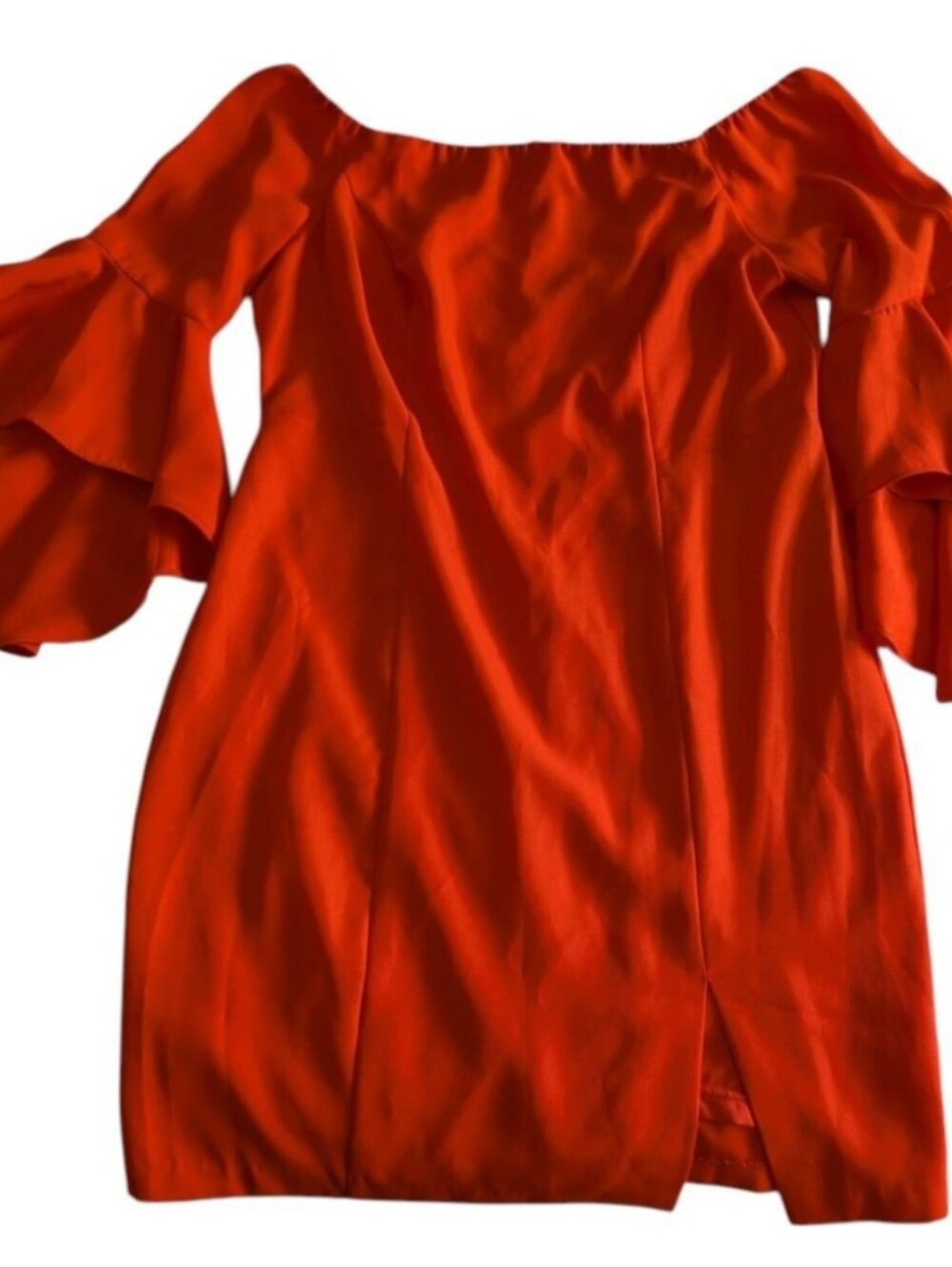 Venus Red Orange Off Shoulder Tiered Bell Sleeve Slit Mini Dress Size 16